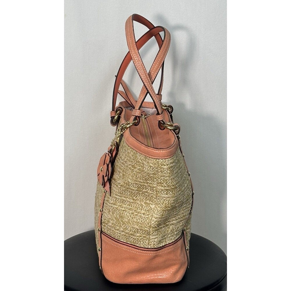 Coach Alexandra Straw Studded Tote Bag In Natural/Coral Peach F21959 - Picture 5 of 12